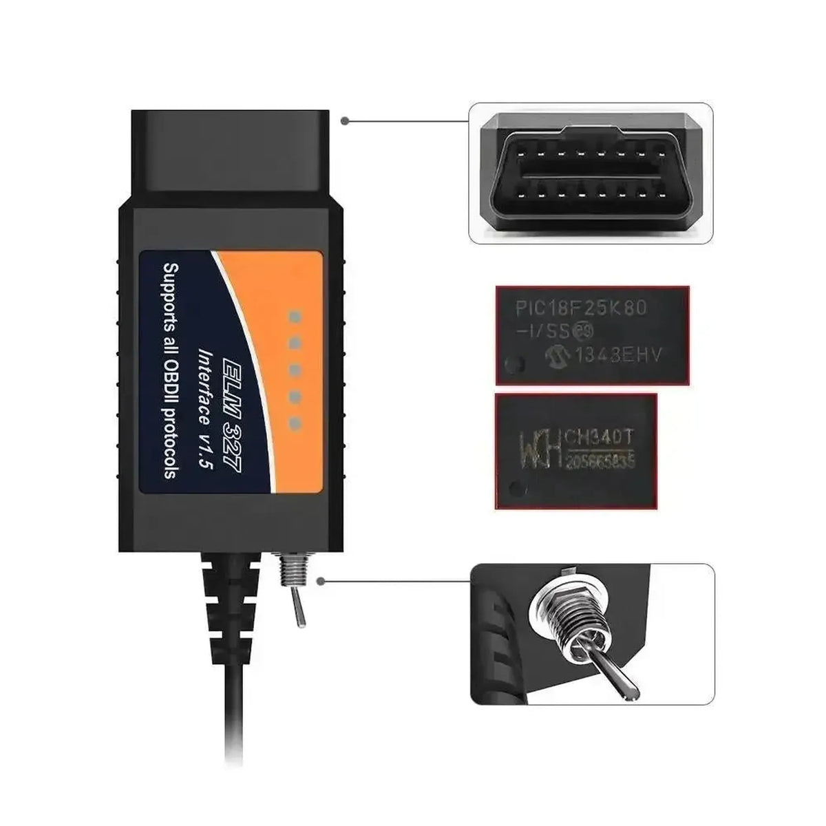 Universele ELM327 (CHT340) (HS/MS-CAN Switch) | USB-Interfacekabel